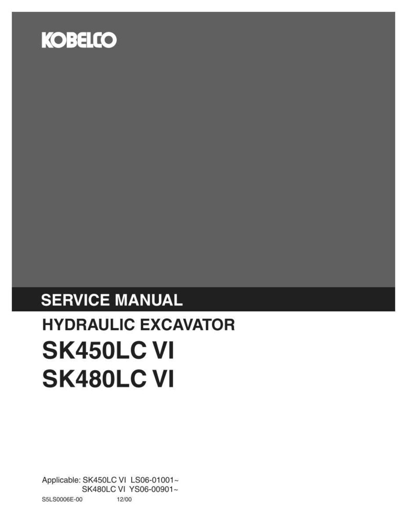 May include: A gray Kobelco service manual for a hydraulic excavator. The cover displays the text: SERVICE MANUAL, HYDRAULIC EXCAVATOR, SK450LC VI, SK480LC VI, and Applicable: SK450LC VI LS06-01001- SK480LC VI YS06-00901- S5LS0006E-00 12/00.