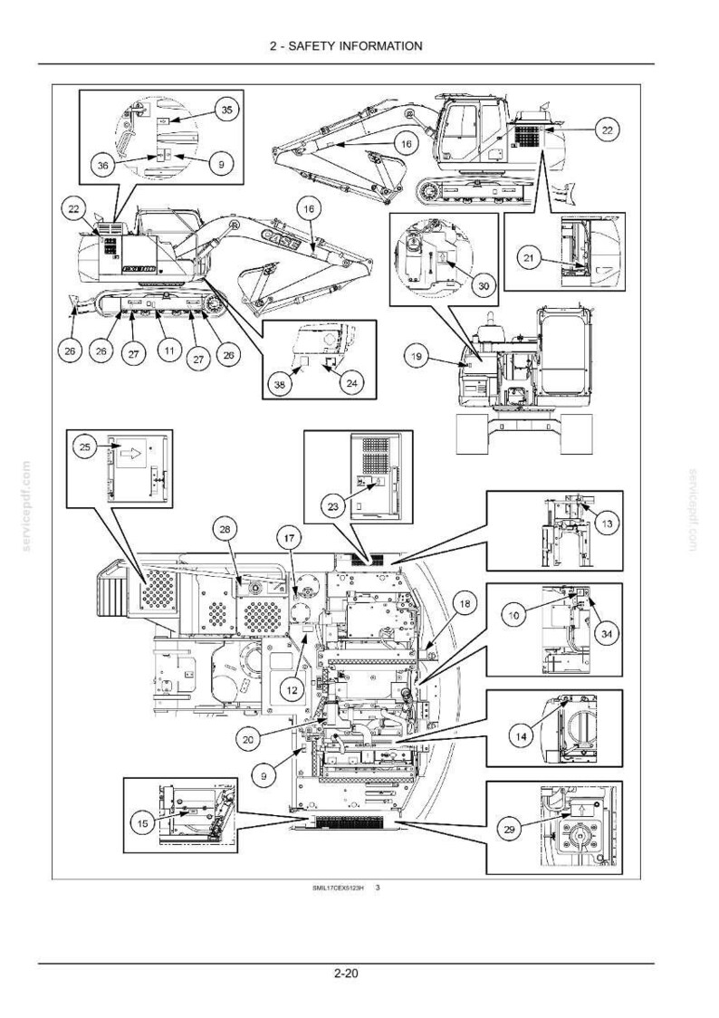 May include: Diagram of an excavator with labeled parts, including the boom, cab, and engine components. The diagram is labeled "2 - SAFETY INFORMATION" and includes various safety features and mechanical parts.