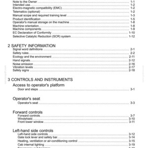 May include: A white document titled "Contents" with a list of topics including "General Information," "Safety Information," and "Controls and Instruments." The document has page numbers and is likely a manual.