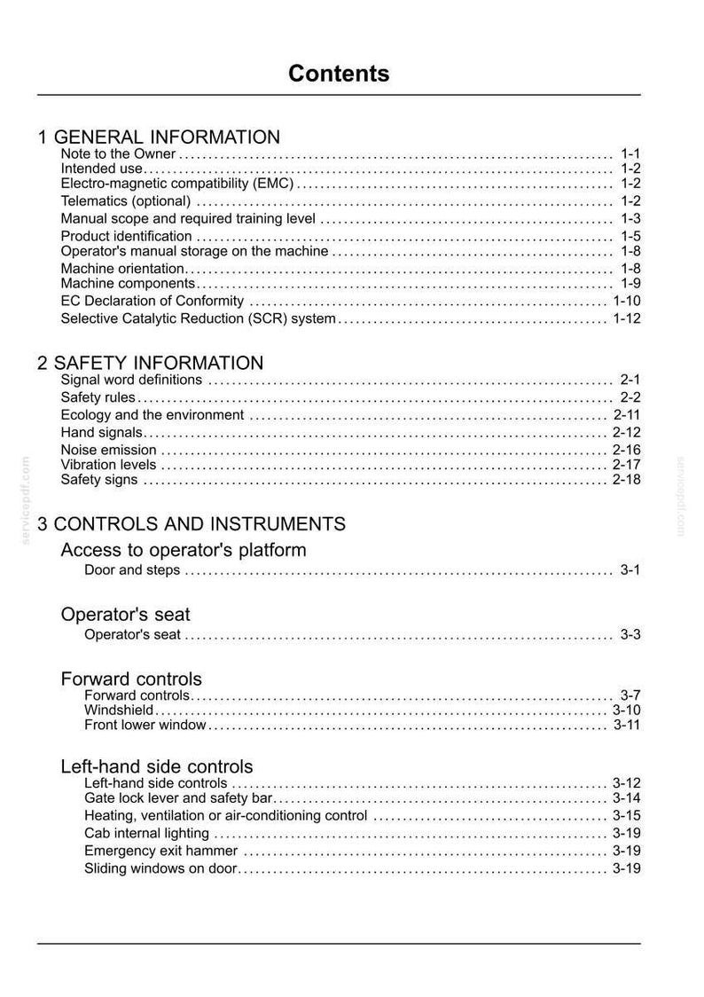 May include: A white document titled "Contents" with a list of topics including "General Information," "Safety Information," and "Controls and Instruments." The document has page numbers and is likely a manual.