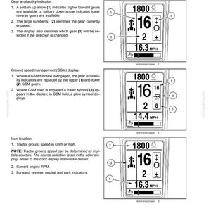 May include: A technical manual page titled 3 - CONTROLS AND INSTRUMENTS featuring three black and white diagrams of a tractor upper display. The diagrams show digital readouts for engine speed, gear selection, and ground speed in MPH with numbered labels.