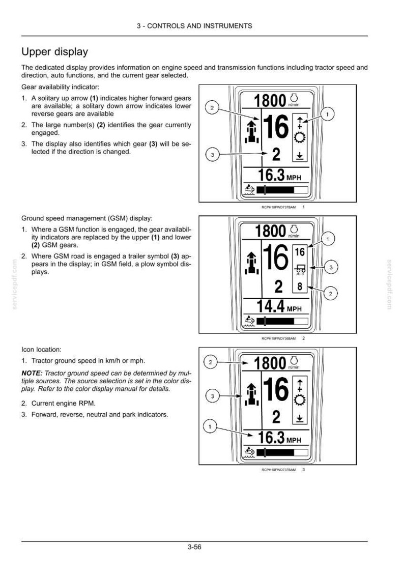 May include: A technical manual page titled 3 - CONTROLS AND INSTRUMENTS featuring three black and white diagrams of a tractor upper display. The diagrams show digital readouts for engine speed, gear selection, and ground speed in MPH with numbered labels.