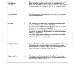 May include: Diagram of a braking system with descriptions and functions of components like pressure switch, pressure gauge, and couplers. Includes text and diagram references for each part. Page 12 of a manual.