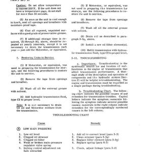 May include: A page from a manual detailing the Series TT, TTB 2000 Powershift Transmissions. The text includes instructions for restoring units to service, troubleshooting, and a troubleshooting chart with causes and remedies for low main pressure.