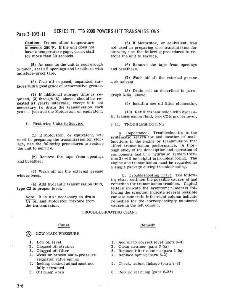 May include: A page from a manual detailing the Series TT, TTB 2000 Powershift Transmissions. The text includes instructions for restoring units to service, troubleshooting, and a troubleshooting chart with causes and remedies for low main pressure.