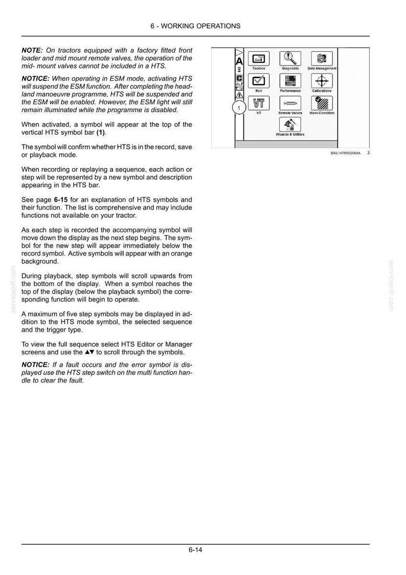 May include: A technical manual page titled 6-WORKING OPERATIONS featuring text instructions and a diagram of a tractor display interface. The graphic shows icons for Toolbox, Diagnostics, Data Management, Run, Performance, Calibrations, VT, Remote Valves, Work Condition, and Wizards & Utilities.