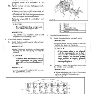 May include: Diagram with instructions for removing and installing a cylinder head cover. Includes torque specifications in lb-ft and N&middot;m, along with diagrams of parts like gaskets, brackets, and the thermostat housing. Text includes cautions and annotations.