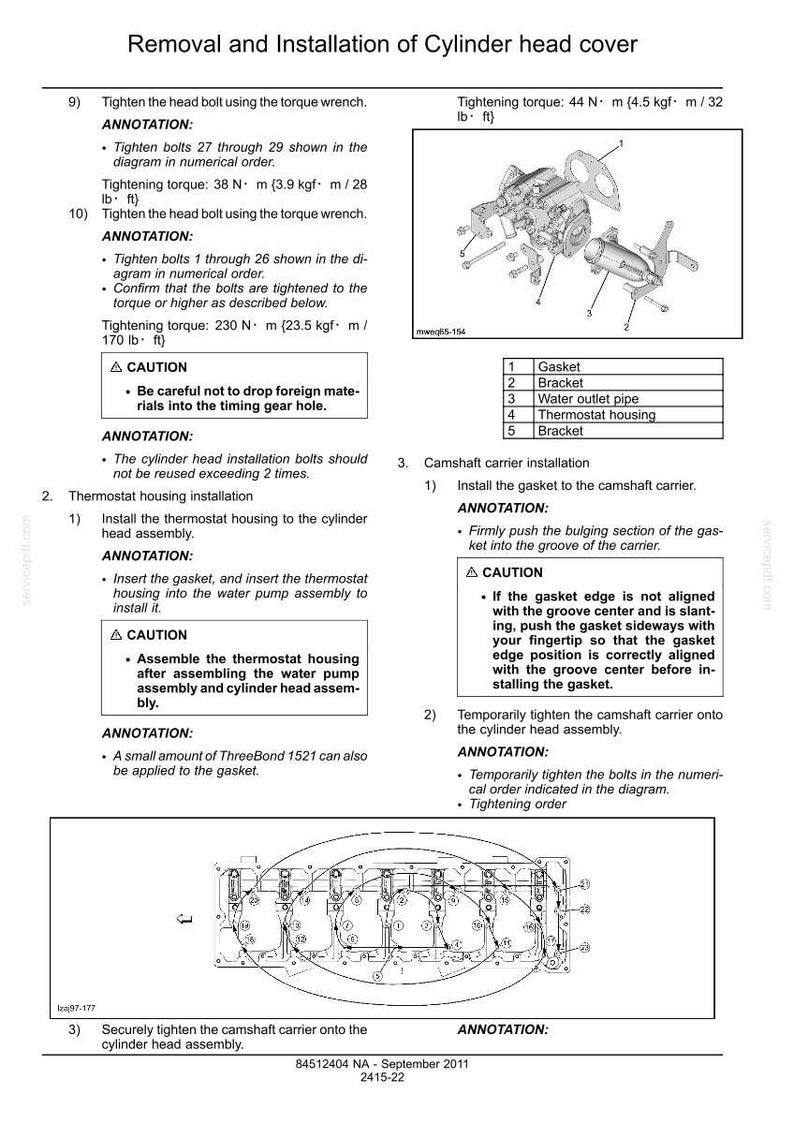 May include: Diagram with instructions for removing and installing a cylinder head cover. Includes torque specifications in lb-ft and N&middot;m, along with diagrams of parts like gaskets, brackets, and the thermostat housing. Text includes cautions and annotations.