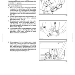 May include: Diagram from a manual showing the installation and removal of attachments using a quick attach system. The diagrams include illustrations of the quick attach frame, sliding pins, and loader liftarm. Text includes warnings and instructions for proper use.