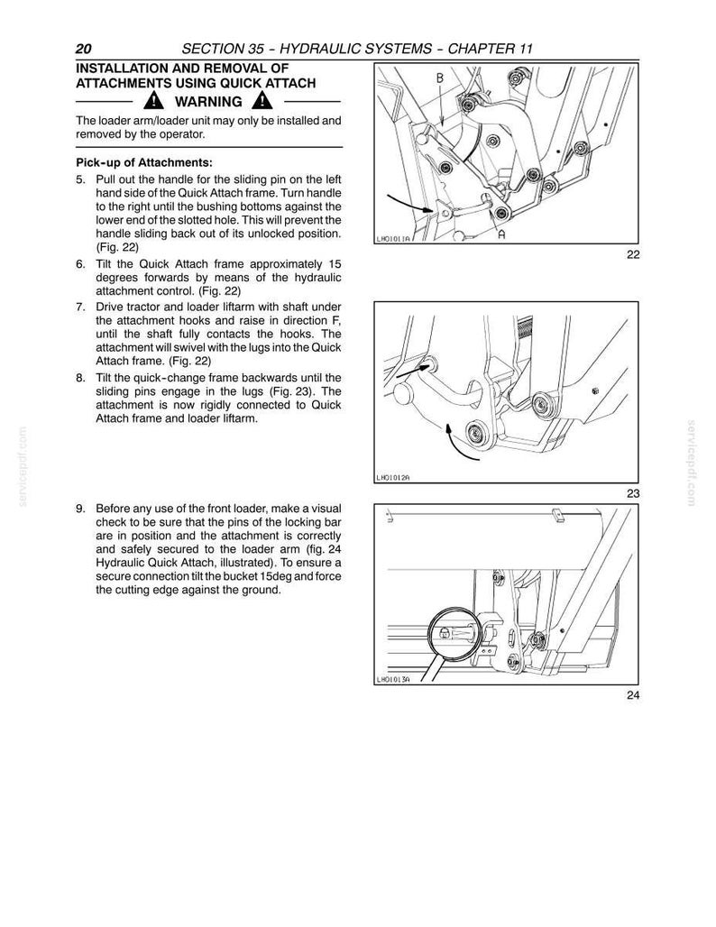 May include: Diagram from a manual showing the installation and removal of attachments using a quick attach system. The diagrams include illustrations of the quick attach frame, sliding pins, and loader liftarm. Text includes warnings and instructions for proper use.