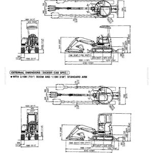 Peut inclure: Une fiche de sp&eacute;cifications techniques pour l'excavatrice SK30SR, pr&eacute;sentant des vues de dessus, de face et de c&ocirc;t&eacute; avec des mesures d&eacute;taill&eacute;es en m&egrave;tres et pieds/pouces. Le document indique les dimensions pour les versions canopy et cabine.