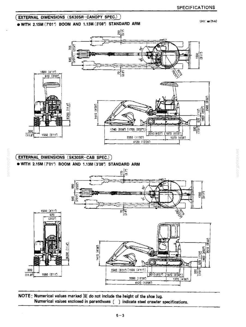 Peut inclure: Une fiche de sp&eacute;cifications techniques pour l'excavatrice SK30SR, pr&eacute;sentant des vues de dessus, de face et de c&ocirc;t&eacute; avec des mesures d&eacute;taill&eacute;es en m&egrave;tres et pieds/pouces. Le document indique les dimensions pour les versions canopy et cabine.