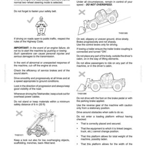 May include: A technical document page titled CHAPTER 1 - SAFETY FEATURES AND VEHICLE OPTIONAL SAFETY. It contains text instructions and black and white line drawings illustrating safe and unsafe operation of a telehandler vehicle.