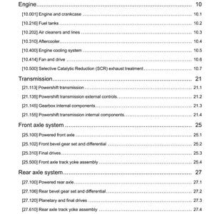 May include: A white page with the title "Contents" at the top. The page lists various engine, transmission, and axle system components with corresponding page numbers. The date 06/03/2014 is at the bottom.