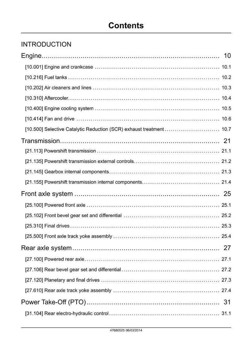 May include: A white page with the title "Contents" at the top. The page lists various engine, transmission, and axle system components with corresponding page numbers. The date 06/03/2014 is at the bottom.