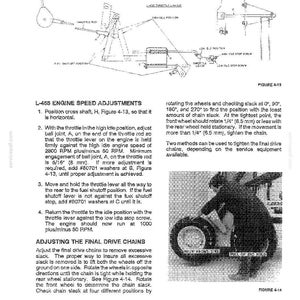 K&ouml;nnte beinhalten: Eine Seite aus einem Wartungshandbuch mit Diagrammen und Text, die die Einstellungen der Motordrehzahl und die Einstellungen der Endantriebsketten detailliert beschreibt. Das Bild enth&auml;lt ein Diagramm der Motorkomponenten und einen Mechaniker, der an einem Reifen arbeitet.