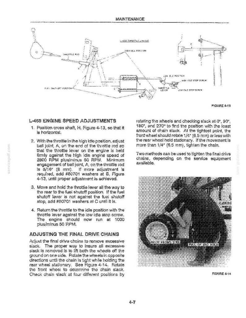 K&ouml;nnte beinhalten: Eine Seite aus einem Wartungshandbuch mit Diagrammen und Text, die die Einstellungen der Motordrehzahl und die Einstellungen der Endantriebsketten detailliert beschreibt. Das Bild enth&auml;lt ein Diagramm der Motorkomponenten und einen Mechaniker, der an einem Reifen arbeitet.