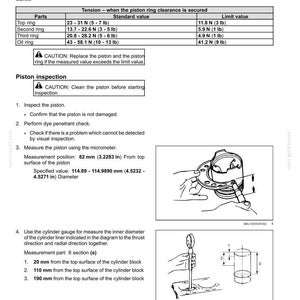 May include: Technical diagram with text and illustrations detailing engine piston inspection. Includes measurements in inches and pounds, along with diagrams of tools and engine components. The text provides instructions and specifications for engine maintenance.
