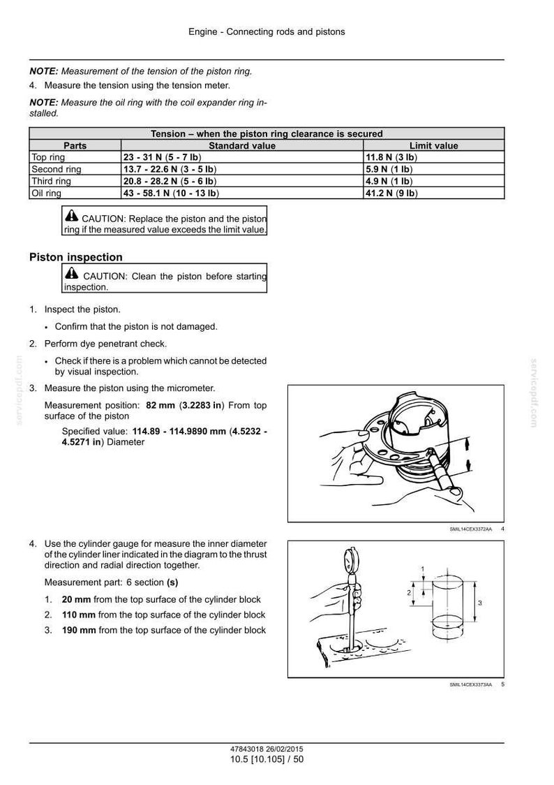 May include: Technical diagram with text and illustrations detailing engine piston inspection. Includes measurements in inches and pounds, along with diagrams of tools and engine components. The text provides instructions and specifications for engine maintenance.