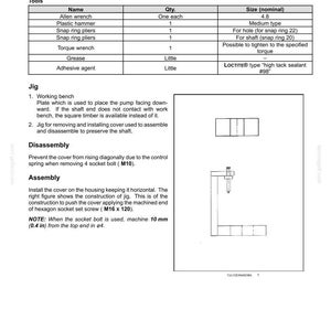 May include: Diagram of hydraulic system tools and jig, including Allen wrench, plastic hammer, snap ring pliers, torque wrench, grease, and adhesive agent. Instructions for disassembly and assembly are also included.