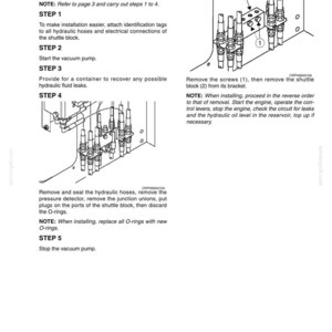 Op de afbeelding: Diagram van het verwijderen en installeren van een swing shuttle block. De afbeelding bevat genummerde stappen met instructies, diagrammen van onderdelen en notities. Tekst omvat "Swing shuttle block", "Removal and installation" en "Start the vacuum pump."