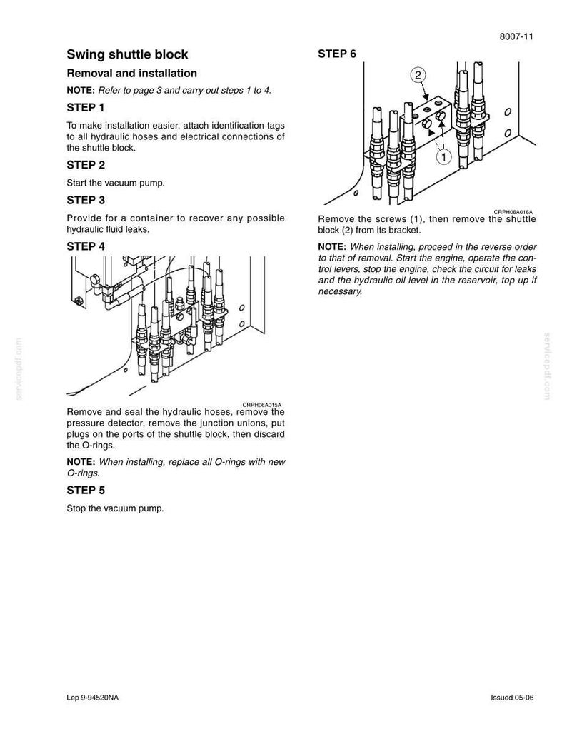 Op de afbeelding: Diagram van het verwijderen en installeren van een swing shuttle block. De afbeelding bevat genummerde stappen met instructies, diagrammen van onderdelen en notities. Tekst omvat "Swing shuttle block", "Removal and installation" en "Start the vacuum pump."