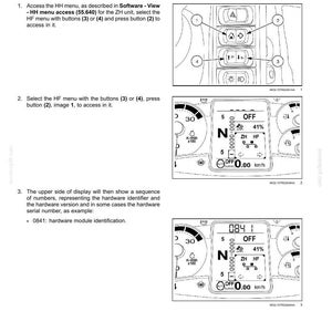 Puede incluir: Diagrama de un cuadro de instrumentos digital con botones y pantallas. La pantalla muestra lecturas y el texto "OFF" y "0841". El documento proporciona instrucciones para acceder al men&uacute; HF.