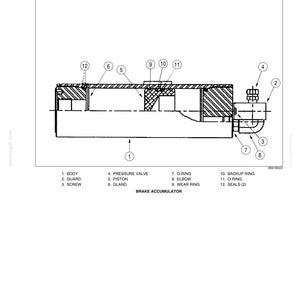 May include: Technical diagram of a brake accumulator, featuring labeled components such as the body, guard, screw, pressure valve, piston, gland, O-ring, elbow, wear ring, backup ring, and seals. The diagram is in black and white.