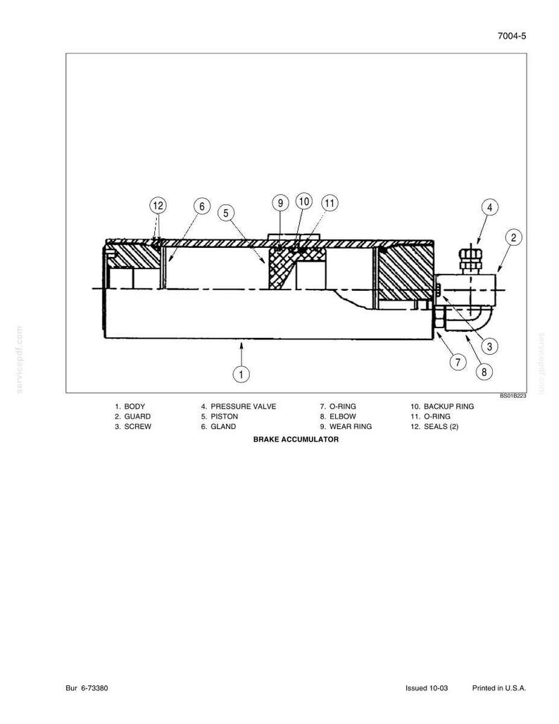 May include: Technical diagram of a brake accumulator, featuring labeled components such as the body, guard, screw, pressure valve, piston, gland, O-ring, elbow, wear ring, backup ring, and seals. The diagram is in black and white.