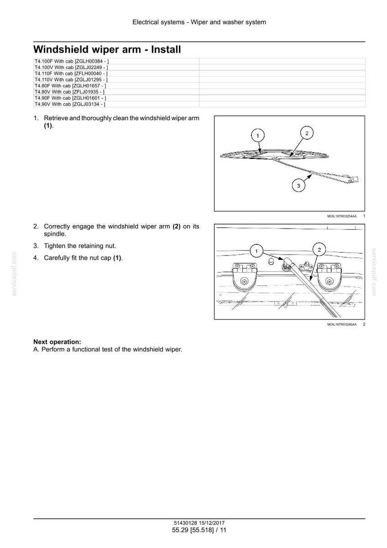 May include: Diagram illustrating the installation of a windshield wiper arm. The image shows numbered steps for cleaning, engaging, tightening, and fitting the nut cap. Includes diagrams of the wiper arm and related components.