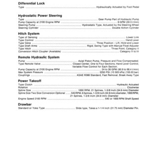 May include: A detailed technical diagram with specifications for a tractor's mechanical systems. The document includes information on the park lock, differential lock, hydrostatic power steering, hitch system, and remote hydraulic system. Measurements are provided in inches and gallons per minute.