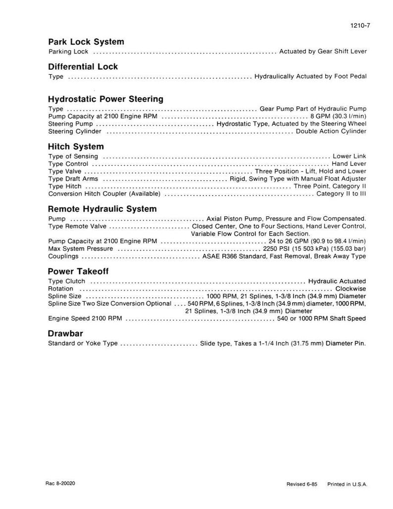 May include: A detailed technical diagram with specifications for a tractor's mechanical systems. The document includes information on the park lock, differential lock, hydrostatic power steering, hitch system, and remote hydraulic system. Measurements are provided in inches and gallons per minute.