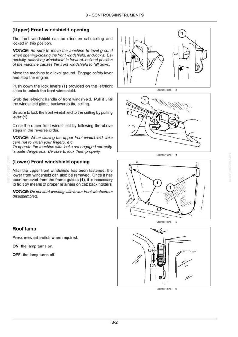 May include: Diagrams illustrating controls and instruments, including front windshield opening and roof lamp operation. Step-by-step instructions with numbered components are shown. Text includes safety notices and operational procedures.
