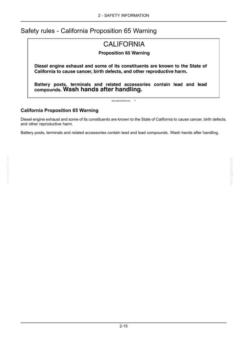 May include: A white document with black text detailing California Proposition 65 Warning. The text includes warnings about diesel engine exhaust and lead compounds, advising to wash hands after handling.