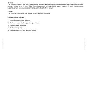 May include: A white document with black text detailing fault codes for a vehicle's electrical system. The text includes the fault code 11635 (DTC 2D73), describing low coolant pressure at the inlet of the main coolant pump, along with possible causes and failure modes.