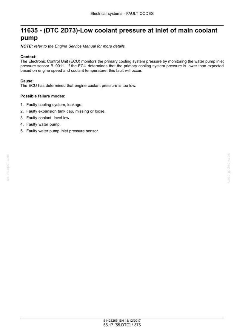 May include: A white document with black text detailing fault codes for a vehicle's electrical system. The text includes the fault code 11635 (DTC 2D73), describing low coolant pressure at the inlet of the main coolant pump, along with possible causes and failure modes.