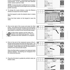 May include: A technical manual page titled 3-SETUP detailing radar calibration procedures. It includes five numbered steps with instructional text and corresponding screen interface diagrams showing buttons, numeric keypads, and distance values.