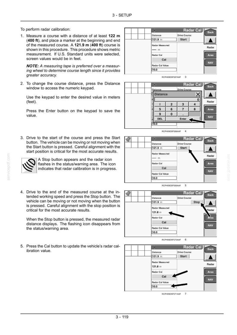 May include: A technical manual page titled 3-SETUP detailing radar calibration procedures. It includes five numbered steps with instructional text and corresponding screen interface diagrams showing buttons, numeric keypads, and distance values.