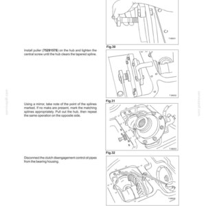 May include: Diagrams from a manual detailing brake and steering clutch procedures. The illustrations show steps like installing screws, using a puller, and disconnecting oil pipes. Text includes instructions and figure numbers.