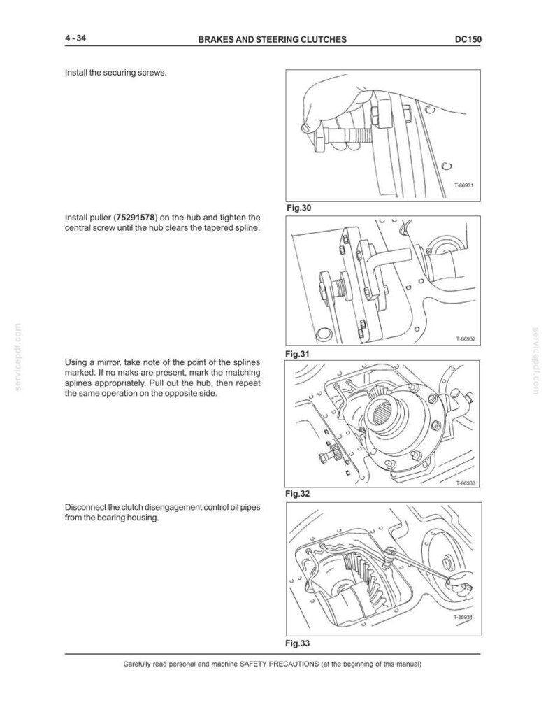 May include: Diagrams from a manual detailing brake and steering clutch procedures. The illustrations show steps like installing screws, using a puller, and disconnecting oil pipes. Text includes instructions and figure numbers.