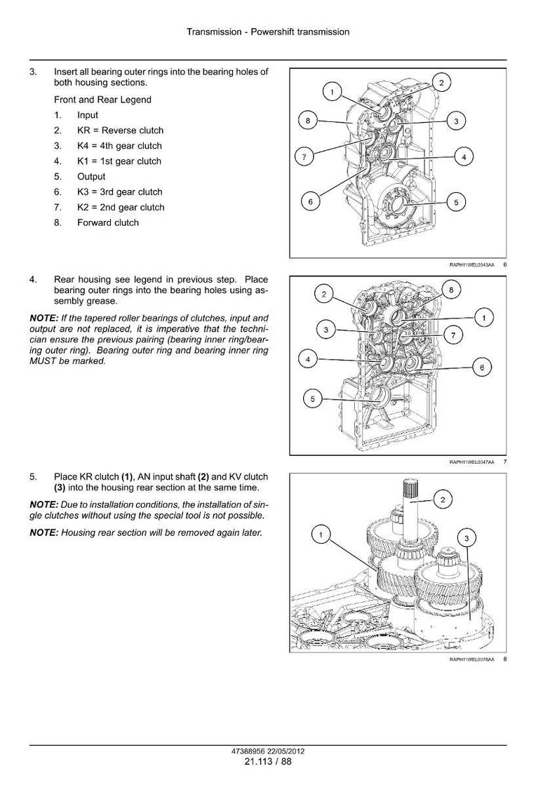 May include: Technical diagram of a powershift transmission, featuring labeled components like input, reverse clutch, and output. The image includes detailed illustrations of the transmission's internal mechanisms, with numbered parts and a legend.