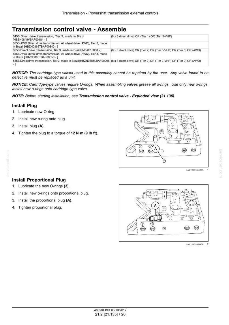 May include: Diagram of a transmission control valve assembly with detailed instructions for installing plugs and O-rings. Includes torque specifications of 12 N&middot;m (9 lb ft).
