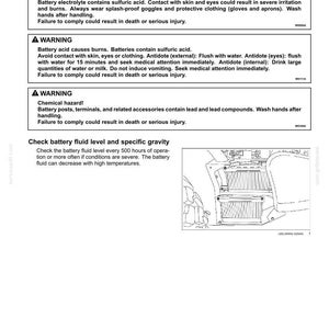 May include: A maintenance manual page titled Battery electrolyte level - Check, featuring three warning boxes regarding sulfuric acid, chemical hazards, and lead compounds, alongside a line drawing of a battery and the instruction to check fluid every 500 hours.