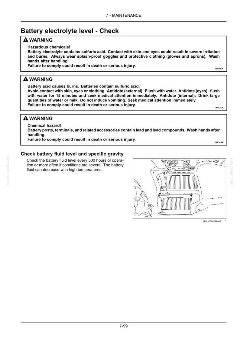 May include: A maintenance manual page titled Battery electrolyte level - Check, featuring three warning boxes regarding sulfuric acid, chemical hazards, and lead compounds, alongside a line drawing of a battery and the instruction to check fluid every 500 hours.