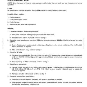 May include: Diagnostic document detailing fault codes for a vehicle's transmission output speed sensor. The text provides troubleshooting steps for issues like faulty connectors, wheel speed sensors, and open circuits. Includes voltage checks.