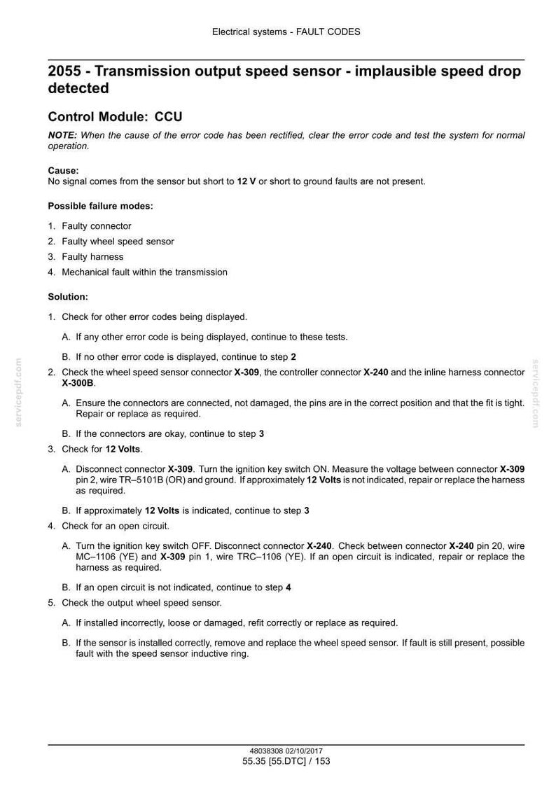 May include: Diagnostic document detailing fault codes for a vehicle's transmission output speed sensor. The text provides troubleshooting steps for issues like faulty connectors, wheel speed sensors, and open circuits. Includes voltage checks.