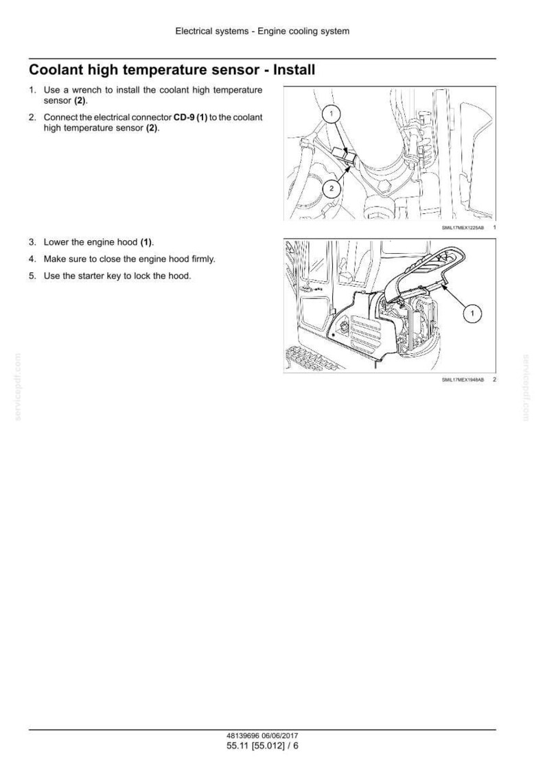 Op de afbeelding: Diagram met de installatie van een koelvloeistof hogetemperatuursensor. De afbeelding bevat genummerde stappen en close-upweergaven van motoronderdelen, met de tekst "Coolant high temperature sensor - Install".