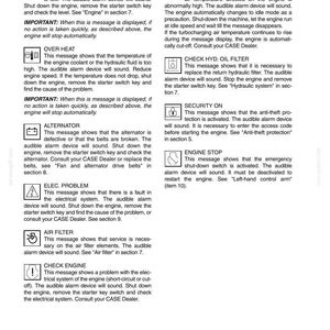 May include: A page from a manual with various warning messages for a machine. Messages include low oil pressure, overheating, alternator issues, electrical problems, and air filter service. Each message has an icon and instructions.