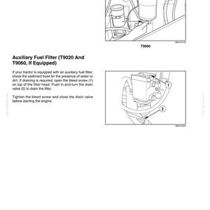 Pu&ograve; includere: Una pagina di manuale tecnico intitolata 8-LUBRICATION/FILTERS/FLUIDS/MAINTENANCE con istruzioni per un filtro del carburante ausiliario (T9020 e T9060, se in dotazione). Due disegni al tratto in bianco e nero illustrano i componenti del filtro, la vite di spurgo 1 e la valvola di scarico 2, con testo che spiega la procedura di manutenzione.