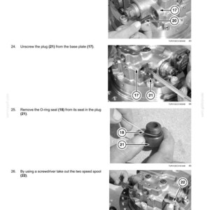 May include: A grayscale diagram illustrating steps for hydraulic system maintenance. The images show components like springs, plugs, and O-ring seals being removed and reassembled. Text labels identify each part for clarity.